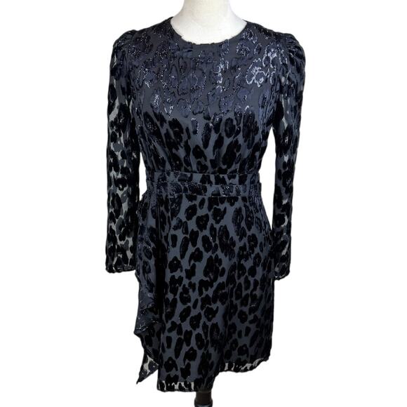 Express NWT S Black Leopard Print Ruffle Long Puff Sleeve Sparkle Mini Dress - Picture 1 of 12